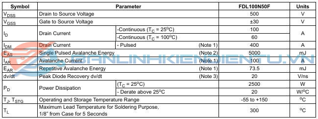 Thông số kĩ thuật FDL100N50F