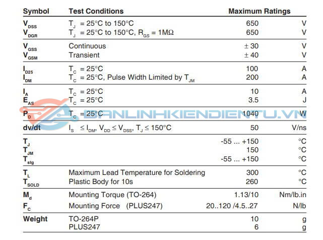 Thông số kĩ thuật IXFK100N65X2